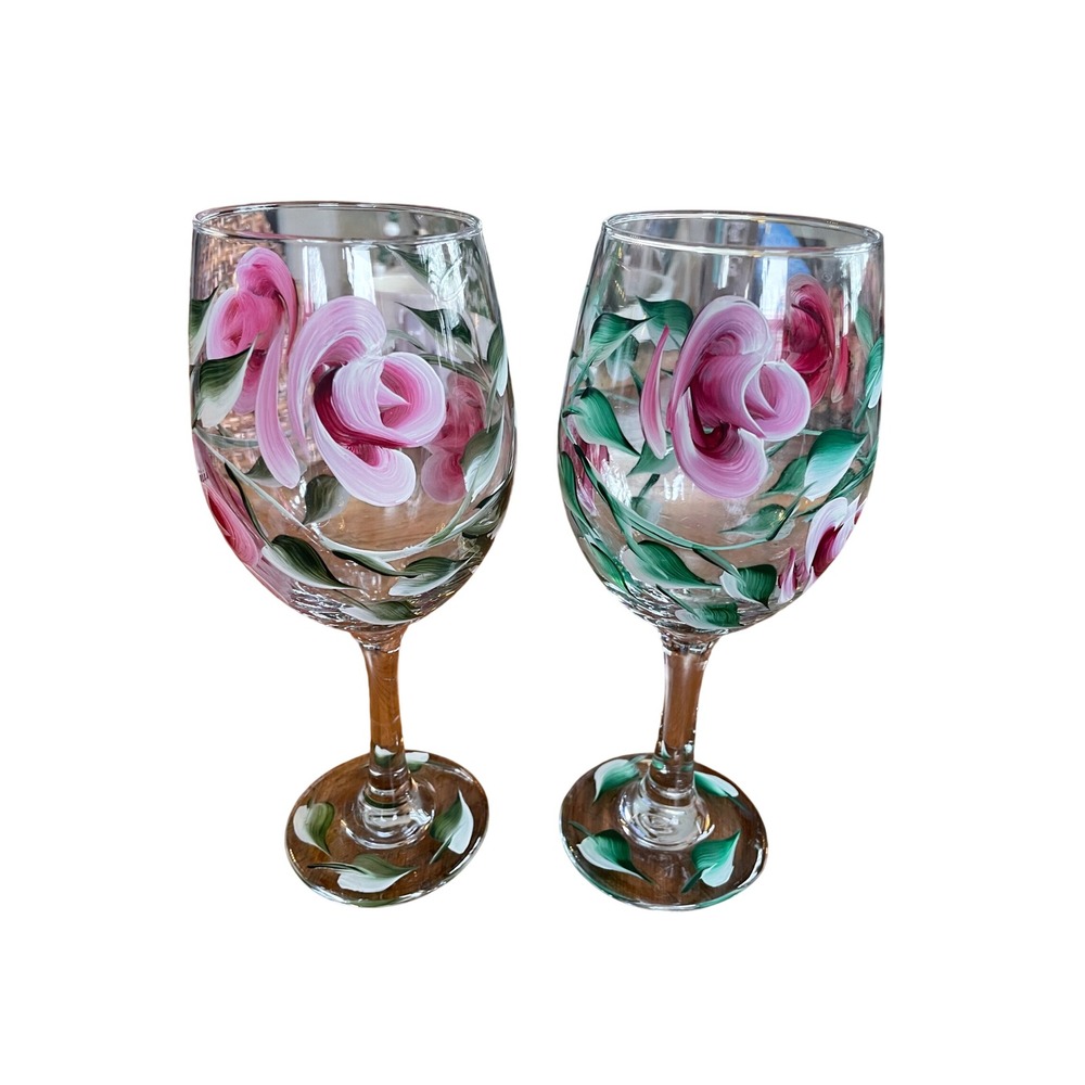 Set of 2 Hand Painted Wine Glasses Pink‎ Cabbage Roses One Stroke Floral 9"